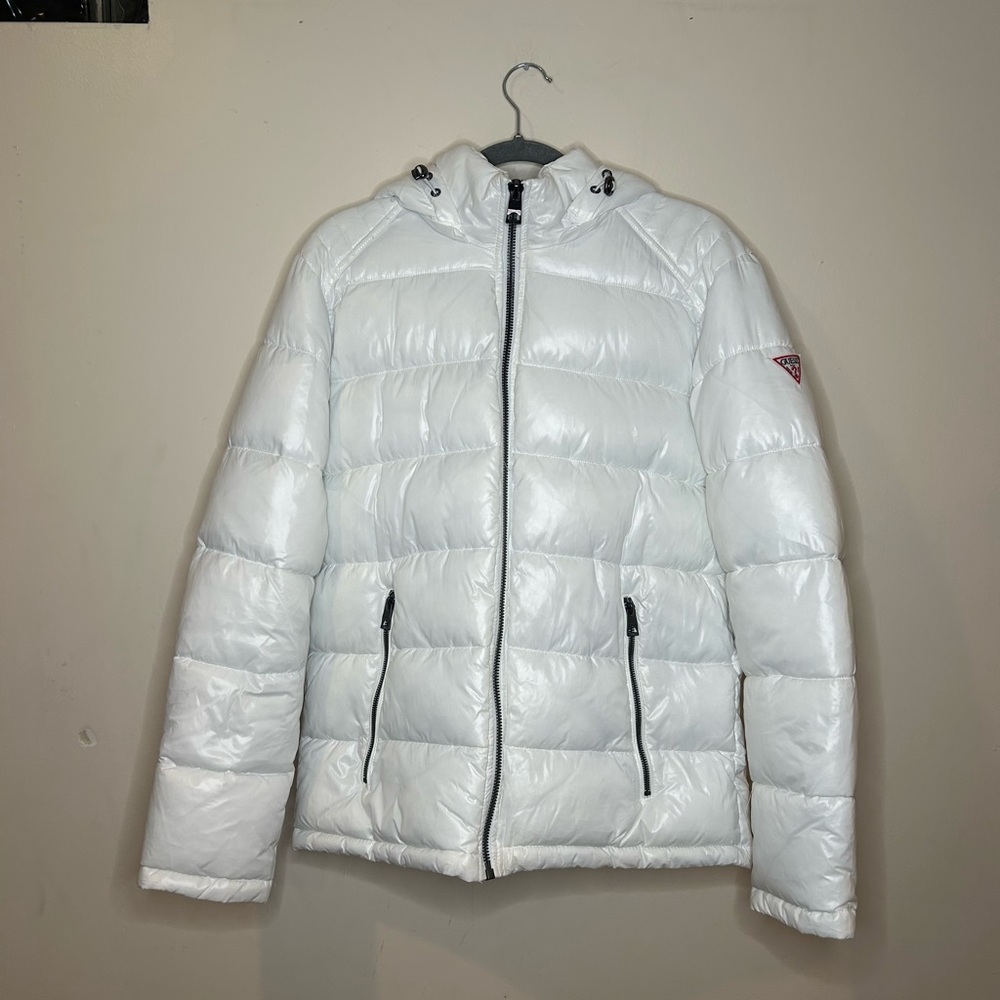 Guess White Quilted Jacket with Logo